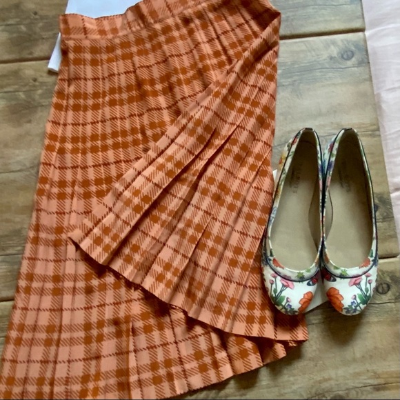 High waist preppy orange plaid pleated midi skirt - Picture 5 of 16